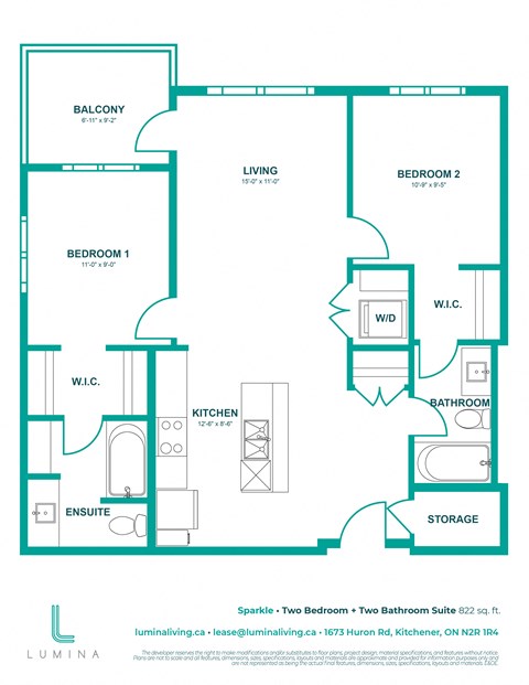 a floor plan of a two bedroom apartment with two bathrooms and a walk in closet